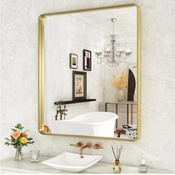 0825: New WEER Gold Bathroom Mirror, 36X30 Inch Brushed Gold Metal Frame Mirror, Rounded Rectangle Gold Bathroom Vanity Mirror for Wall, Tempered Glas