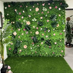 Artificial Flower Wall backdrop + Artificial grass turf (Read description for detail)
