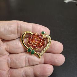 Vintage Heart Shape Gold Metal Enameled Red Rose Brooch With Green Leaves & Rhinestones 