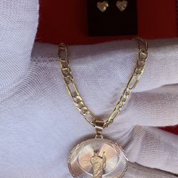 10k Two Tone 20” 4mm Figaro Chain + Tri Colored San Judas Pendant $800