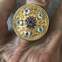Gorgeous Vintage Gold Plated Ring With Amethyst And Blue Topaz Stones