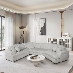 Brand New LIGHT SILVER/GRAY/BLACK/BROWN Corduroy RHF Fabric Half U-Shaped Pull Out Sectional Sofa w/ Storage Armrest w/ USB + Pillows