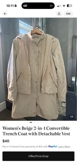 Women’s Beige 2-in-1 Convertible Trench Coat with Detachable Vest