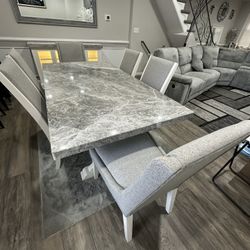 6 Piece Fabric Chair Set With Marble Table & Matching Marble Topped Illuminated Wallpiece