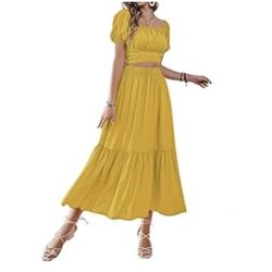 Women's 2 Pcs Outfits Wrap Tie Short Sleeve Crop Top Ruffle Maxi Skirt Set