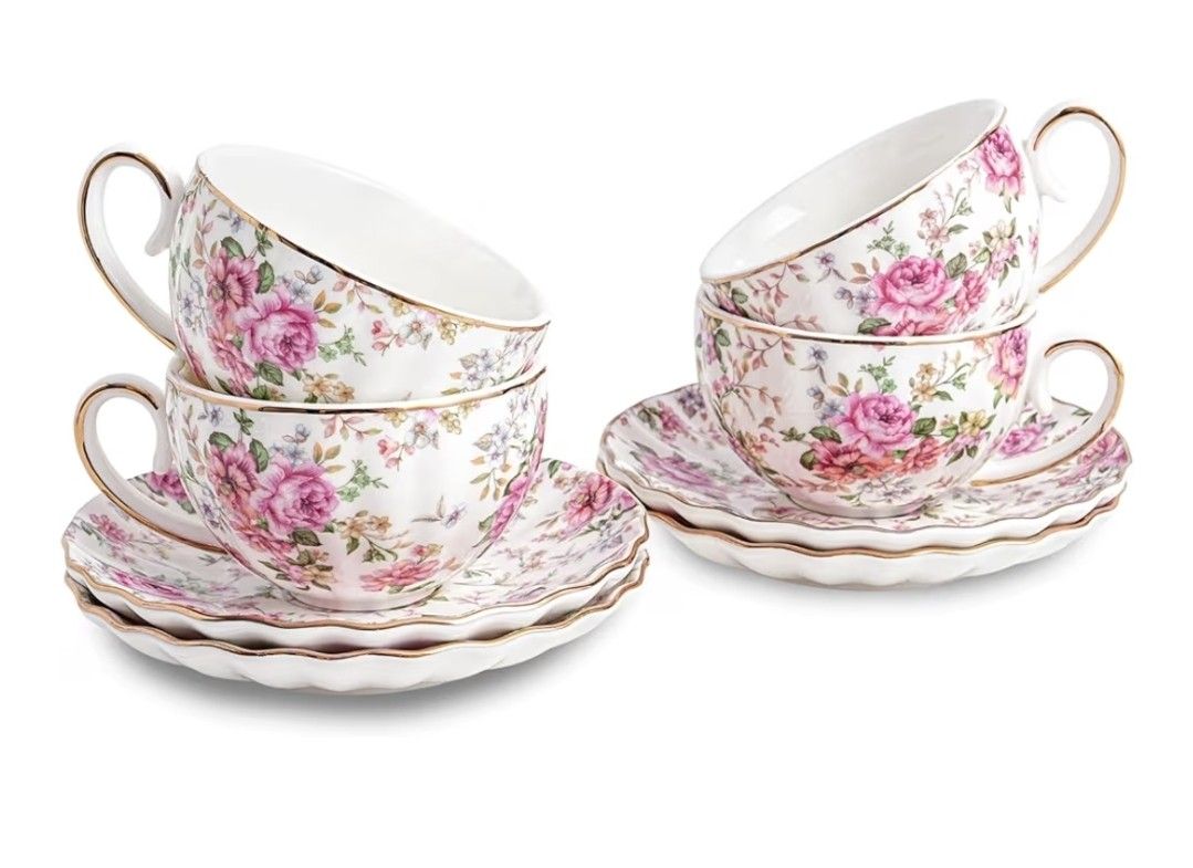 Tea Cup and Saucers, 6.4oz Floral Tea Cups with Gold Trim, Porcelain Teacup, Coffee Cappuccino Espresso Latte Mugs for Party Birthday,Party Cafe Home,