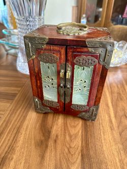 🔥Antique Chinese Jewelry Box Carved Jade Accents Wood Brass