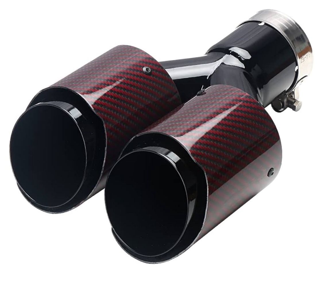 Carbon Fiber Exhaust Tip 2.5" Inlet to Dual 3.5" Outlet, High Temperature Resistance 9.8" Long Stainless Steel Tailpipe tip (Black Pipe and Red Shell)