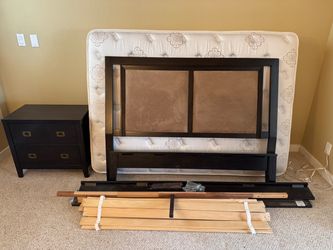 Full size bedframe, mattress and end table