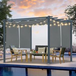 Aoodor 10 x 10 FT Outdoor Pergola with Retractable Shade Canopy, 4 Pieces Roller Shade Curtain