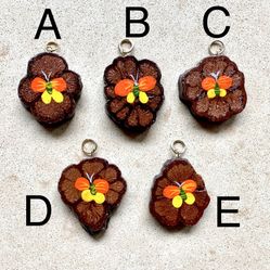 🧡 Absolutely darling, butterfly pendants - handpainted orange, yellow & green on faux wood slices