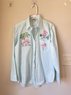 Las Olas Blouse Womens M Blue Striped Button Down Shirt Embroidered Flamingos