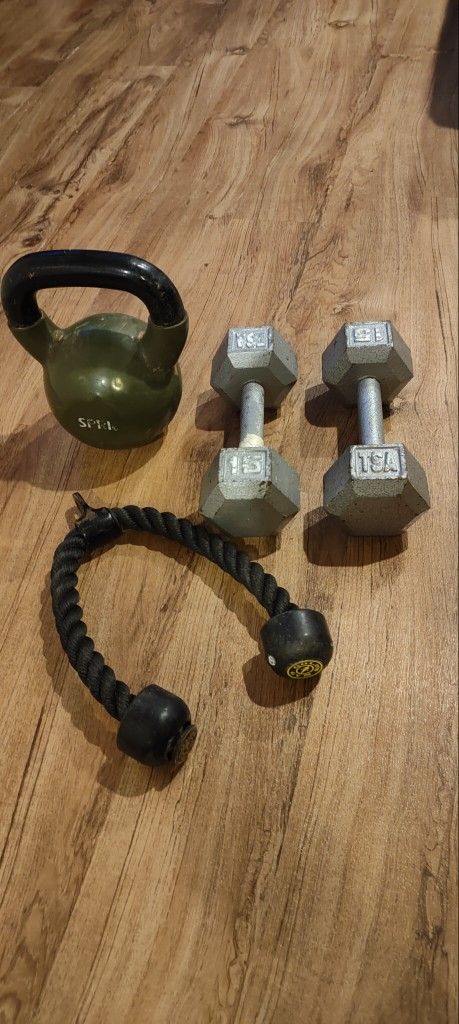 Kettlebell, TSA Hex Dumbbells and Tricep Pull-down 