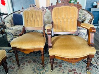 Antique Victorian Carved Walnut Parlor Chairs – Set of 2