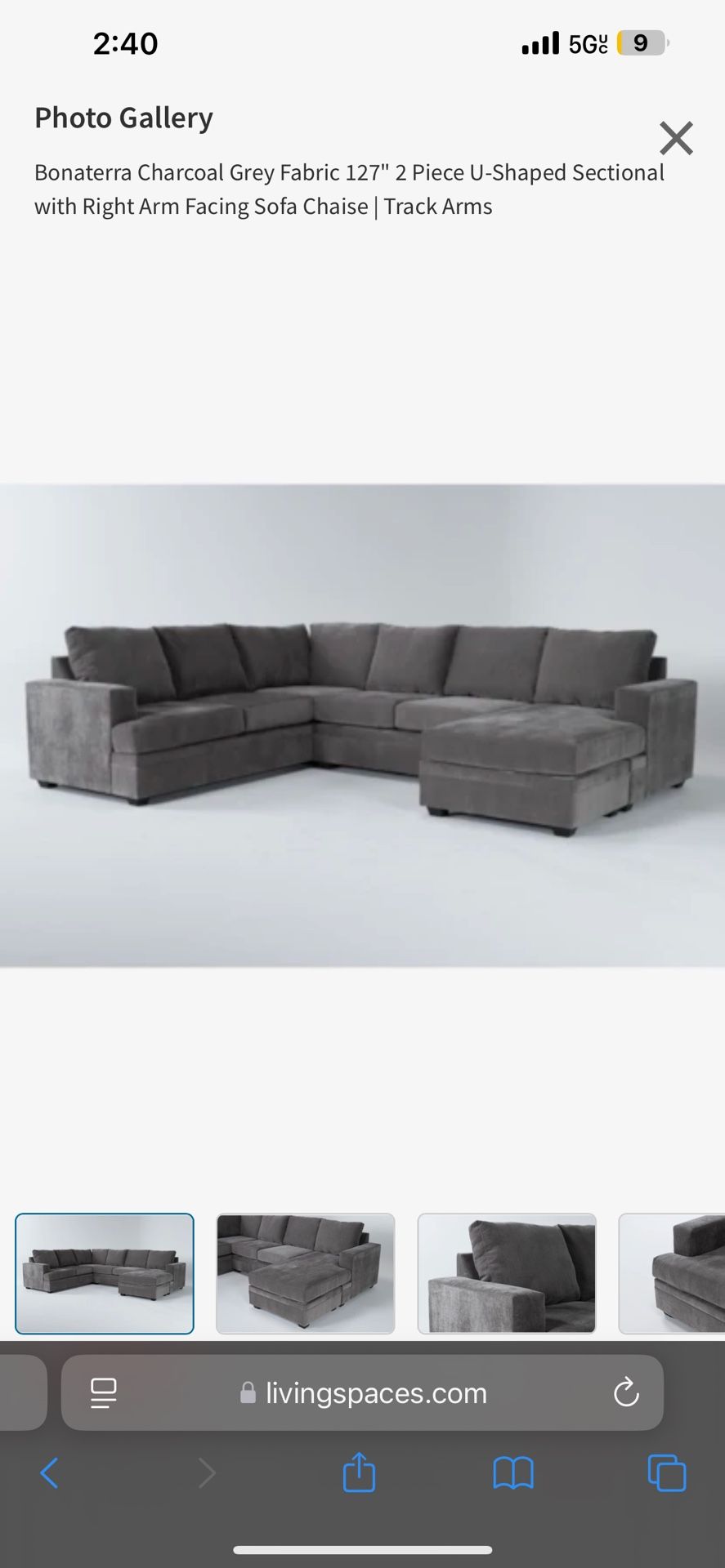 U - Shaped Charcole Grey Sectional Sofa
