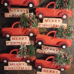 Set of 6 Vintage Truck Christmas Tree Ornament Merry Christmas Sign