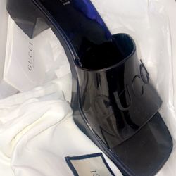 Authentic Black Rubber Gucci Slide Heal Sandals.