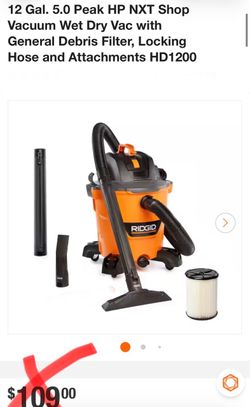 RIDGID 12 Gal. 5.0 Peak HP NXT Shop Vacuum Wet Dry Vac with General Debris Filter, Locking Hose and Attachments HD1200
