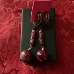 Vintage Wooden With Burgundy Dangling Design Earrings 