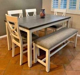 ✅️✅️(6 pc white & grey finish wood dining table set grey padded seat chairs and bench✅️