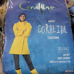 Adult Coraline Costume | Women's Yellow Hooded Rain Jacket Outfit with Boot Covers, Blue Wig $40 