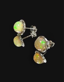 Brand New Natural Opal 9K Solid White Gold Sphere Bezel Settings Earrings/Studs