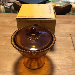 VINTAGE INDIANA GLASS PEDESTAL CANDY DISH AMBER WITH BEADED EDGE