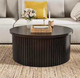 35” Round Lift Top Coffee Table with Hidden Storage, Modern Coffee Tables for Living Room, Wood Fluted Center Tables for Home ,Black