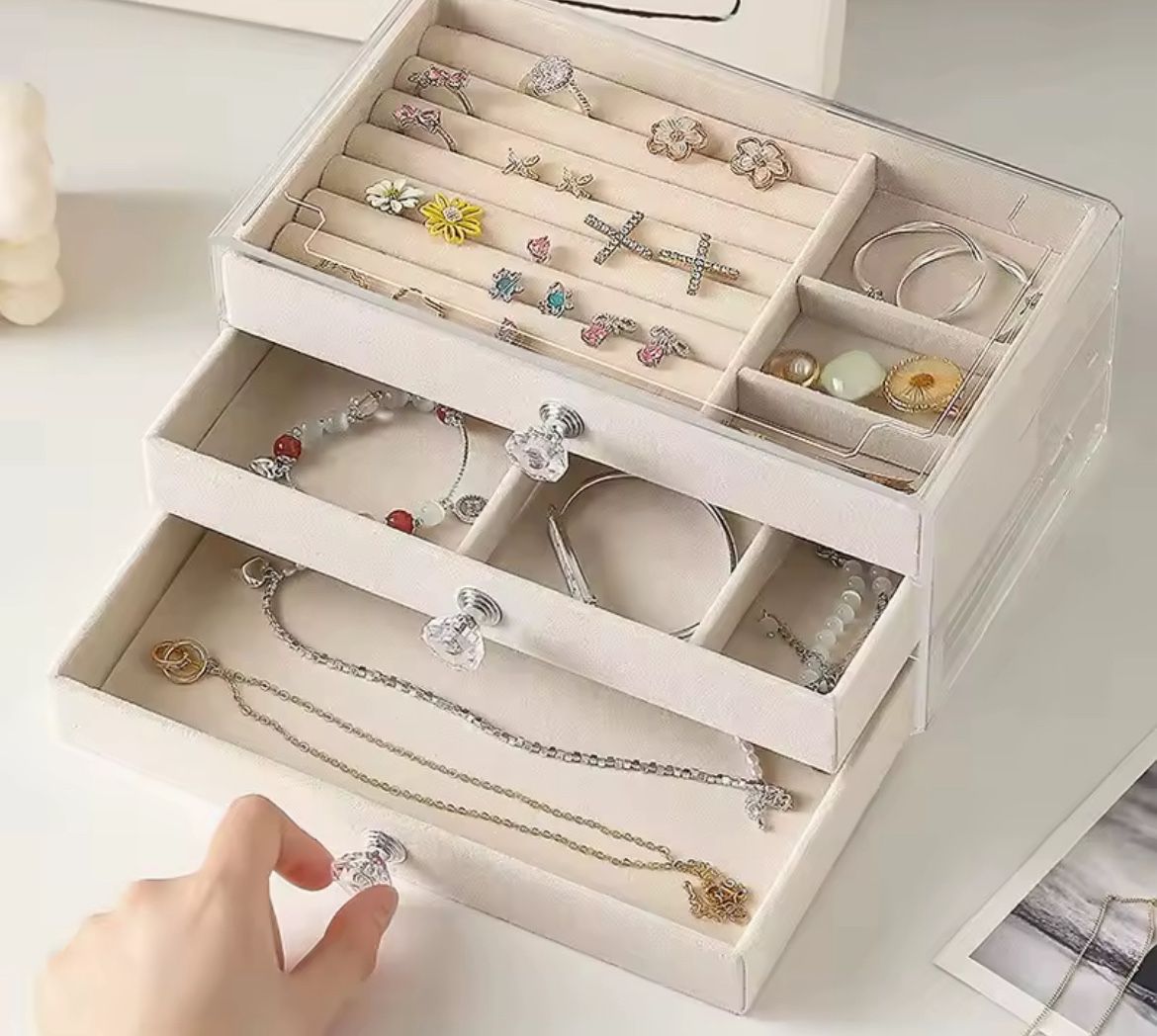 Acrylic Velvet Jewelry Organizer with 3 Drawers Stackable Display Storage Earrings Necklace Bracelets Box Holder Case