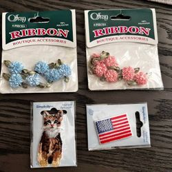 🌸 New! Set of 12 Colored Ribbon Flowers - Cat & Flag Appliqué