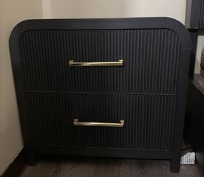 Black 2-Drawer Nightstand - Modern Ribbed Front & Gold Hardware