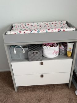 Gray and White Baby Changing Table with Drawers