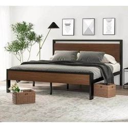 New Walnut King Size Metal Platform Bed Frame Wooden Headboard and Footboard No Box Spring Needed