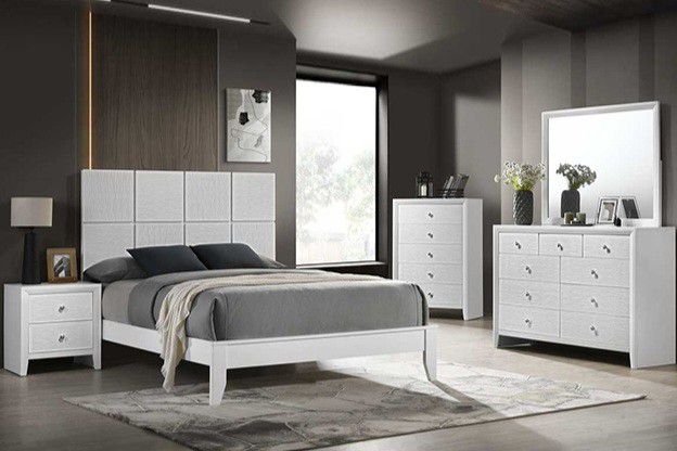 ✅️✅️✅️4 pc  white wood textured panels finish queen bedroom set(Mattress & Tall chest not included)✅️