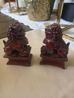 Pair of Red Resin Foo Dog Statues