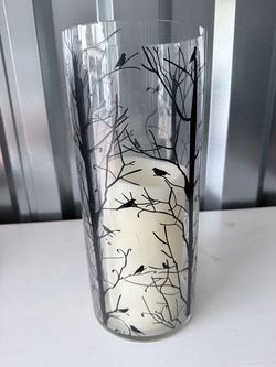 Glass Cylinder Vase with Bird Design and LED Candle