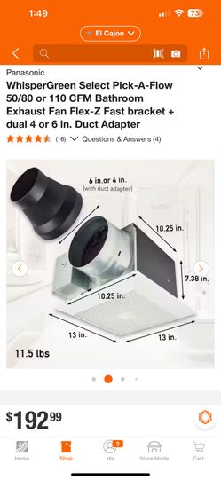 Panasonic WhisperGreen Select Pick-A-Flow 50/80 or 110 CFM Bathroom Exhaust Fan Flex-Z Fast bracket + dual 4 or 6 in. Duct Adapter