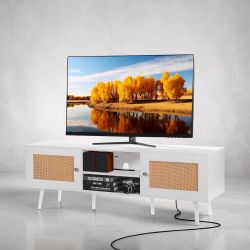 Brand new! 66" White Boho TV Stand / Entertainment Center – Fits up to 75" TV (Built-in Outlets)