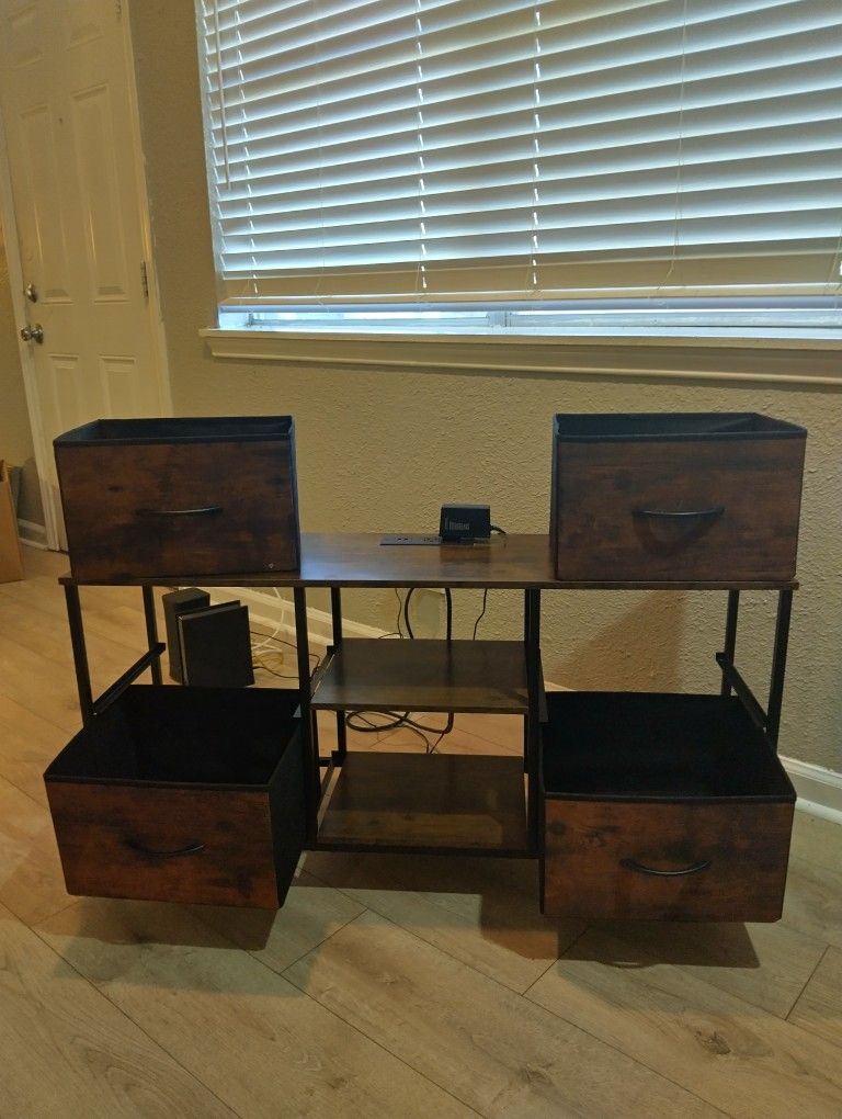 Metal And Wood Storage With Cubbies And Plugs