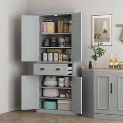 (See Pics) New 72" Tall Kitchen Pantry Cabinet Drawer and 4 Adjustable Shelves, Freestanding Blue Grey