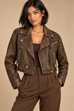 Brown Faux-Leather Cropped Jacket — Size S