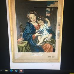 Unfinished Cross Stitch Art Piece Madonna And Child Mignard Framed