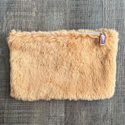 New Ipsy Faux Fur Cosmetic Bag in Camel with Purple Gem Zip Pull