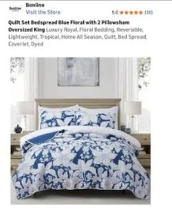 Bonlino Blue Floral Quilt Set Oversized King