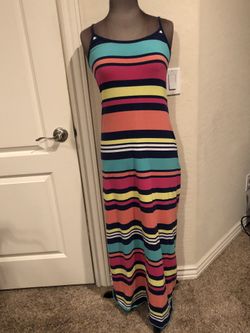 Multi color stripe floor length sundress women size large - fitted - also fits medium!