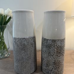 Single Gray Stone and White Ceramic Vases- Set of 2