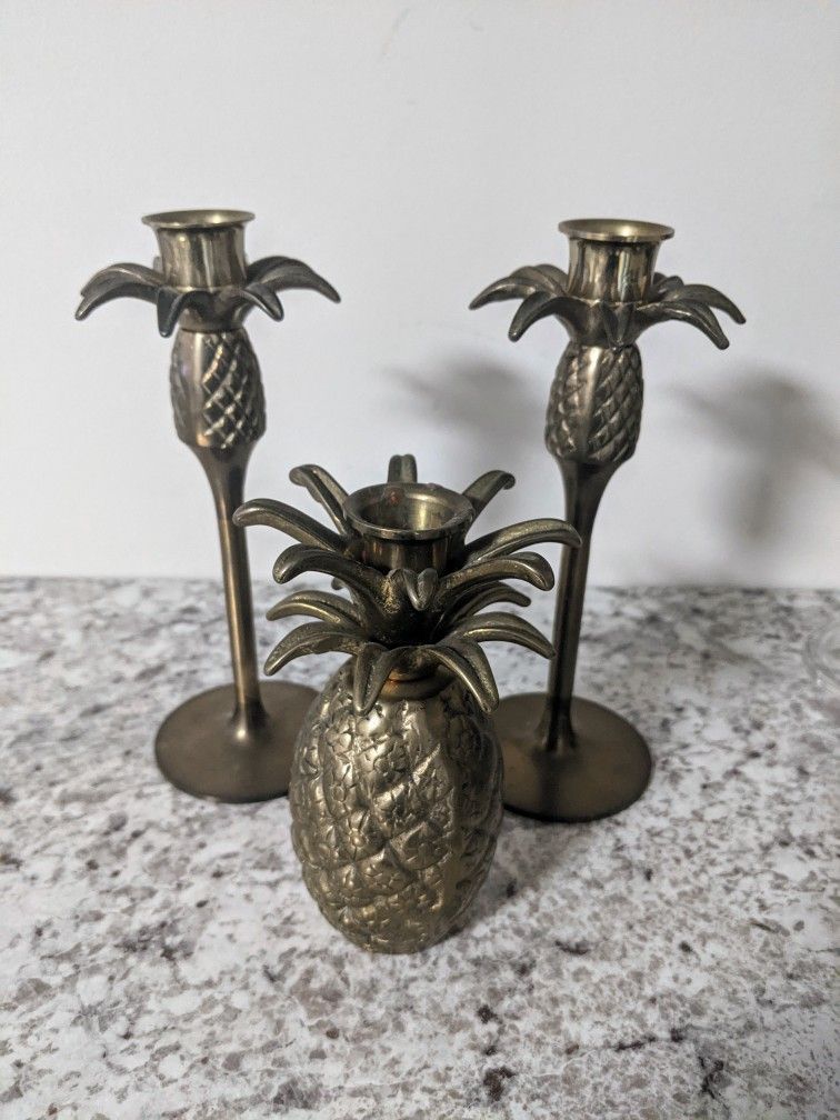 Vintage Pineapple Brass Candle Holder Set
