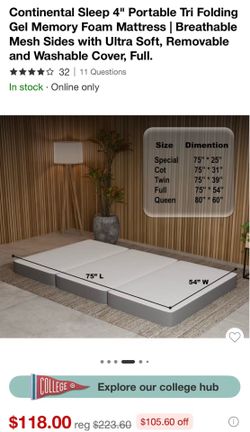 Like New Full Size Tri-Fold Memory Foam Mattress
