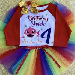 3T/4T Personalized Colorful Rainbow Birthday Shark 4th Birthday Shirt & Bow
