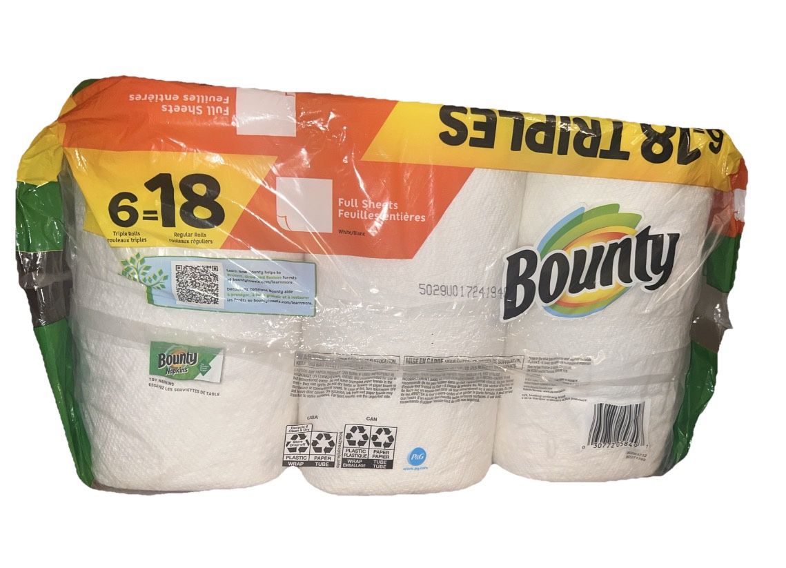 Bounty Full Sheets Paper Towels, 6 Triple Rolls = 18 Regular Rolls – White, Quick Absorbing & Strong